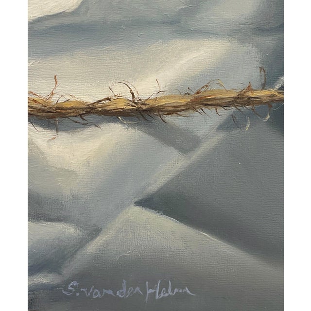 White Package with Stargazer by Sarah van der Helm | Oil on Cradled Panel Oil painting of a stargazer lily on crumpled paper. For Sale - Image 4 of 5