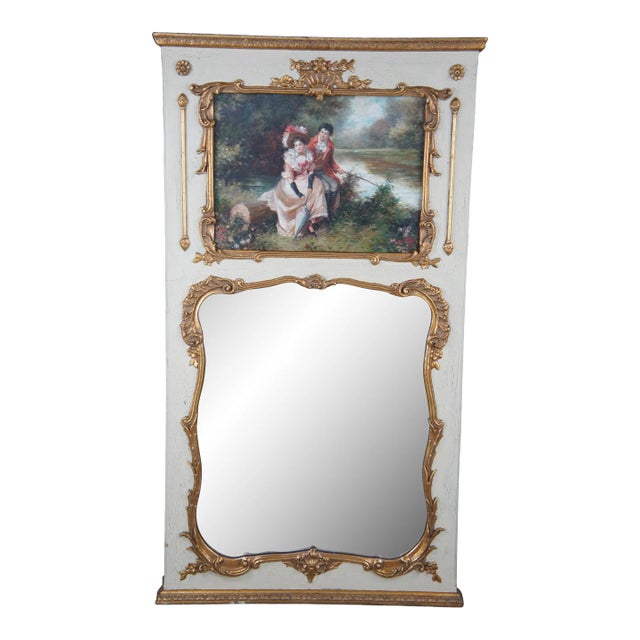 Vintage French Provincial Louis XV Over Mantel Trumeau Mirror With Oil Painting For Sale