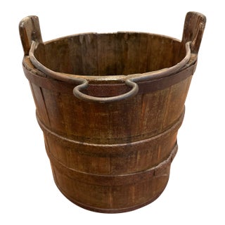Vintage Primitive Wood Bucket W/ Blacksmith Forged Handle 14" Tall 13" Diam For Sale