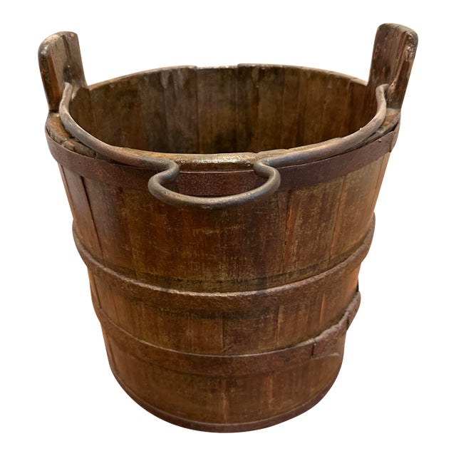 Vintage Primitive Wood Bucket W/ Blacksmith Forged Handle 14" Tall 13" Diam For Sale