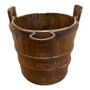 Vintage Primitive Wood Bucket W/ Blacksmith Forged Handle 14" Tall 13" Diam