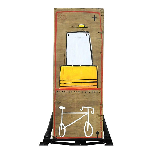 Late 20th Century Manuel Paz Untitled Acrylic on Reclaimed Wood, Just a Man and His Bike For Sale