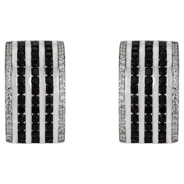 Sterling Silver Black Onyx & Zircon Wide Bar Half Hoop Earrings for Her, A Pair For Sale - Image 9 of 12