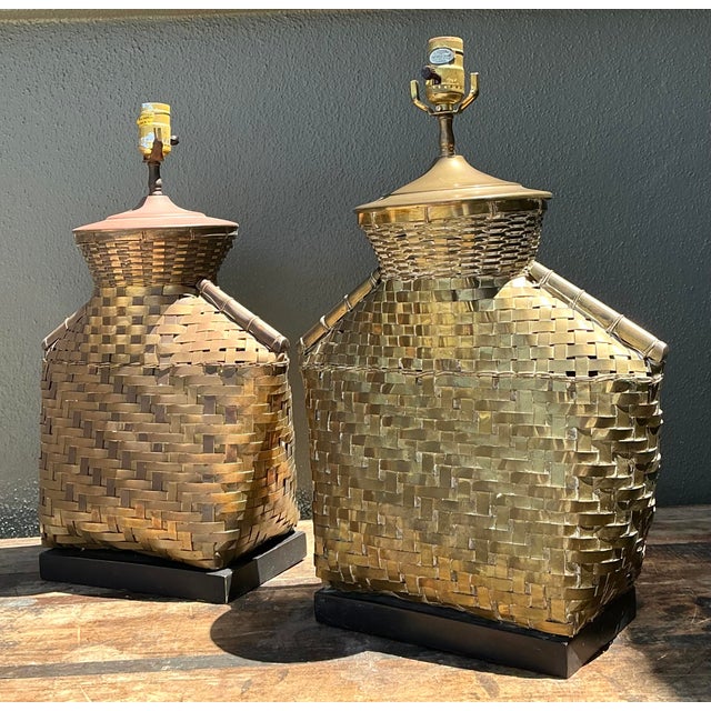Late 20th Century Vintage Chapman Woven Brass Table Lamps - A Pair For Sale - Image 5 of 12