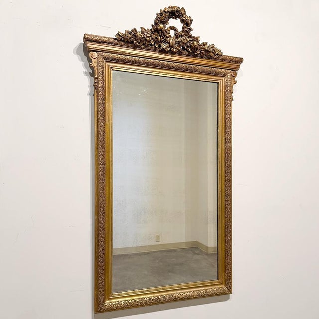 19th Century French Louis XVI Gilded Mirror With Floral Wreath Crest For Sale - Image 4 of 14