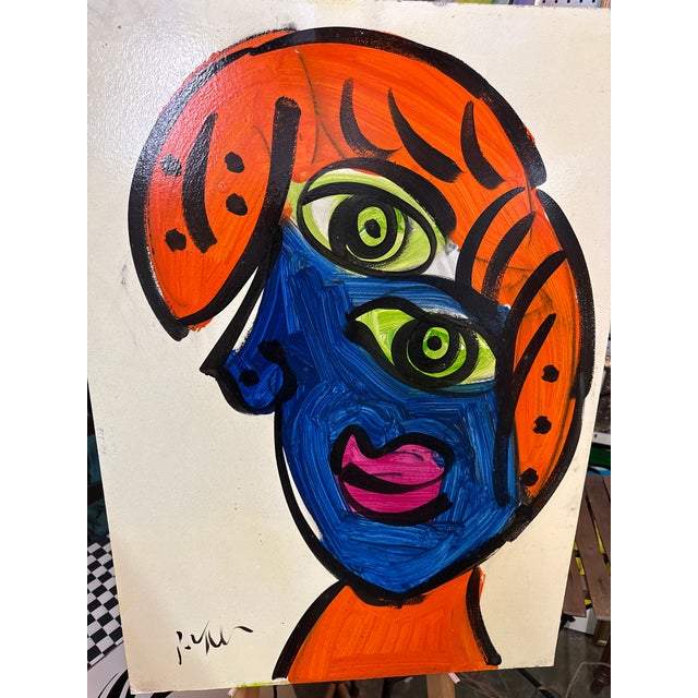 Abstract 1970s Peter Keil Abstract Cubist Blue Portrait Painting For Sale - Image 3 of 6