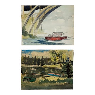 Vintage Original Pair of Watercolor Paintings of Water Scenes 1970s For Sale