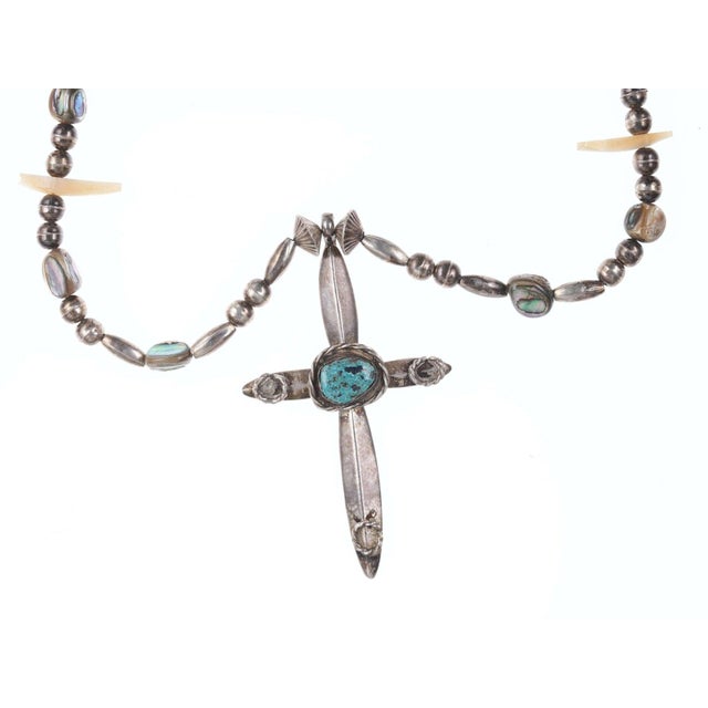 Vintage Native American Sterling cross with turquoise on sterling/mother of pear For Sale - Image 4 of 5