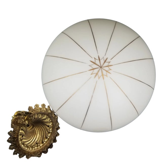 Mid-Century Modern L&l Loevsky Halcolite Round Globe Glass Shade Ceiling Light Fixture White Gold Design For Sale - Image 3 of 12