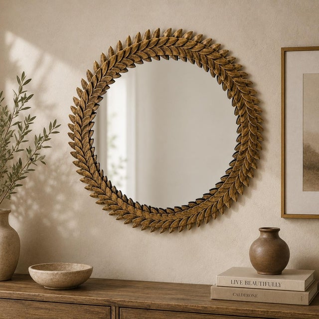 Inspired by classical laurel wreath motifs, this vintage round wall mirror features an exceptionally well-crafted antiqued...