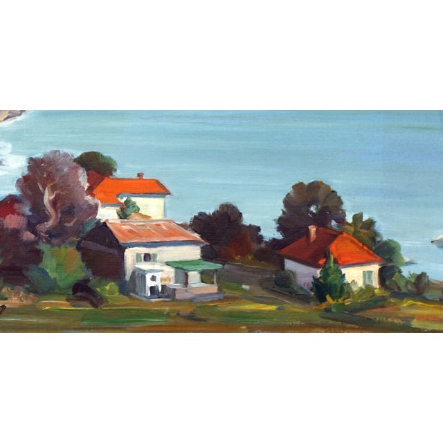 Wonderful and vibrant mid 20th-century landscape of Croatian Coast with a sailboat and red-roofed houses by Anany...