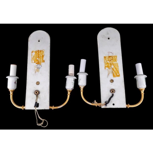 Pair of Vintage Porcelaine De Paris Floral & Gilt Two-Arm Wall Sconces — 12”h For Sale - Image 4 of 8