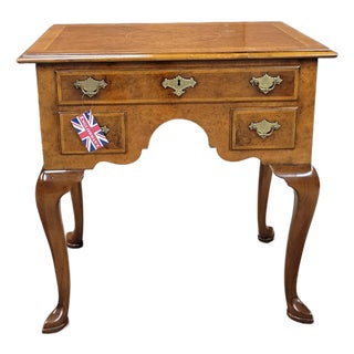 Late 20th Century English Burl Walnut Inlaid Cabriolet Leg 3 Drawer Lowboy For Sale