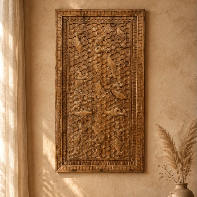 Wood 1920s Wabi Sabi Carved Fish Wood Wall Panel – Koi Pond Art & Statement Headboard 69 For Sale - Image 7 of 8