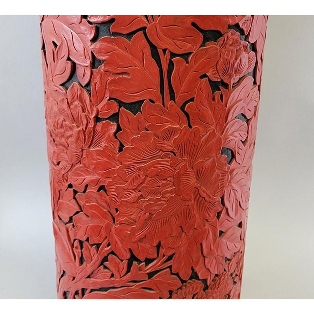 Large Beijing Carved Red Cinnabar-Style Lacquer Floor Vase or Umbrella Stand With Peonies & Pheasant For Sale In Raleigh - Image 6 of 12