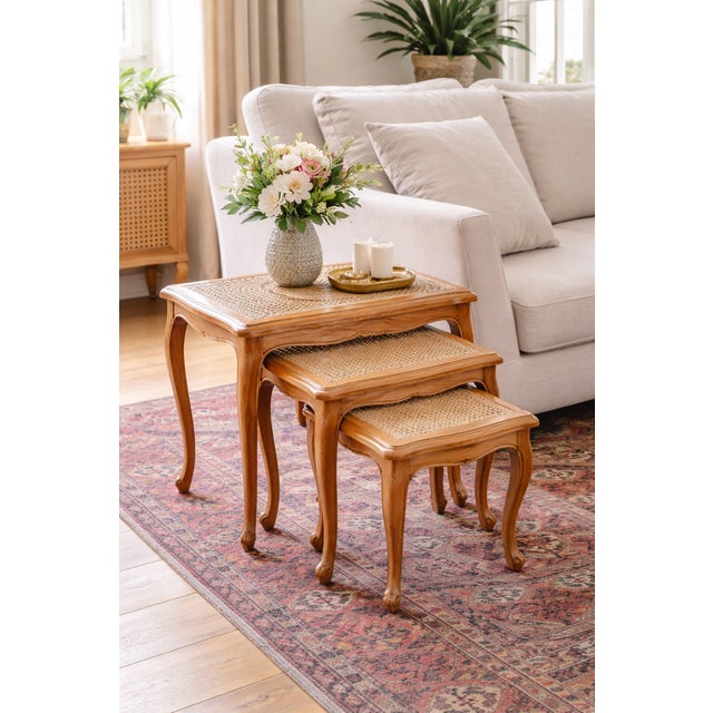 Vintage Nesting Tables in Wood and Caning Under Glass, Set of 3 For Sale - Image 4 of 12