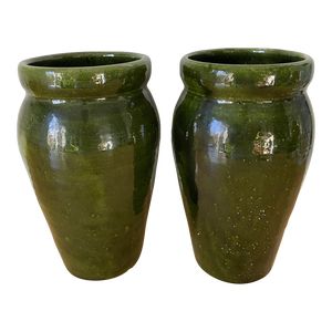 Vintage French Green Green Glazed Ceramic Vases - a Pair