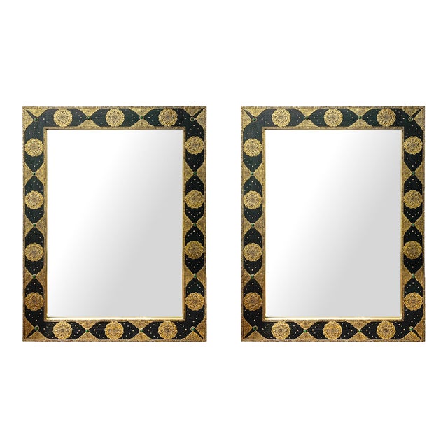 Hollywood Regency Style Mirror With Filigree Brass Inlay on Ebony, a Pair For Sale