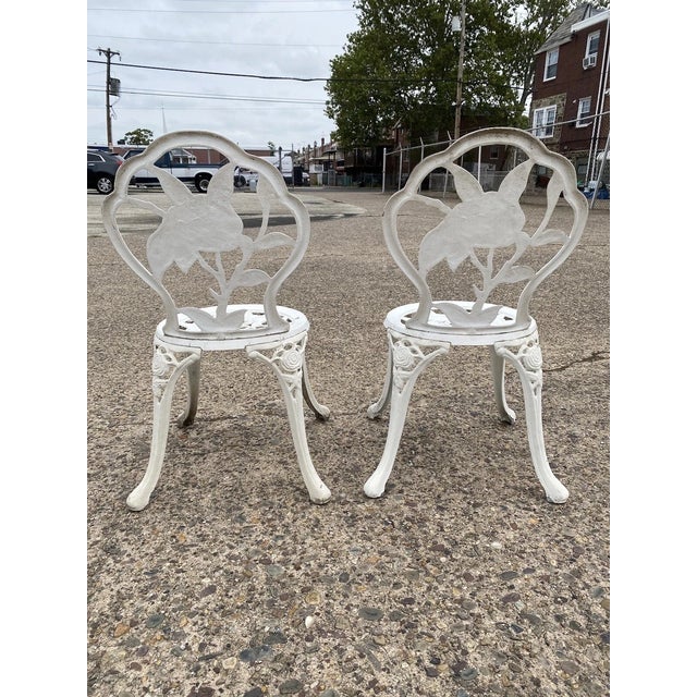 Victorian Style Rose Pattern Cast Aluminum Garden Patio Outdoor Bistro Chairs For Sale - Image 10 of 11