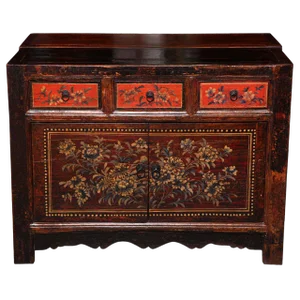 Gansu Early 20th Century Painted Sideboard With Chinese Flower Patterns