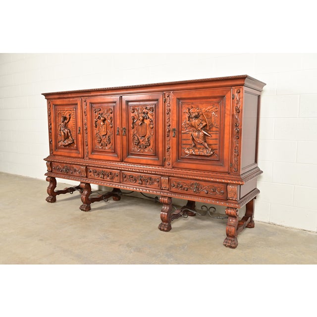 Victorian Antique Spanish Renaissance Revival Monumental Ornate Carved Walnut Sideboard or Bar Cabinet For Sale - Image 3 of 15