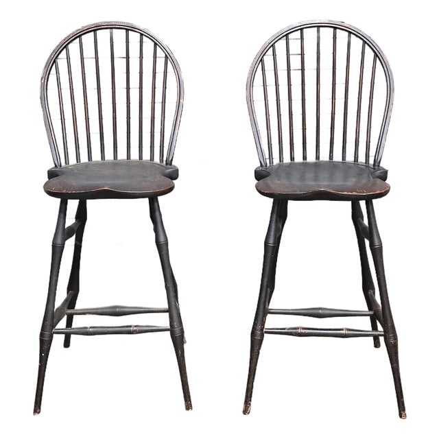 Late 20th Century Pair of Bench Made Black Windsor Chair Tall Stools by David T. Smith of Ohio For Sale