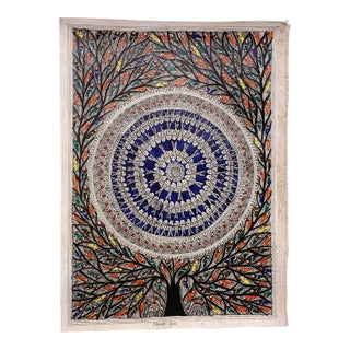 Mamta Devi, 2016 National Award-Winning Artist – Hand-Painted Madhubani Folk Painting on Canvas, Fish Mandala & Tree of Life With Colorful Birds For Sale