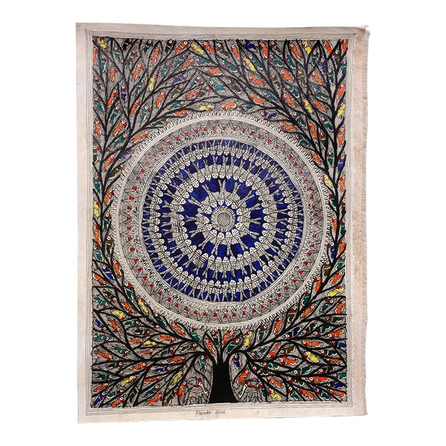 Mamta Devi, 2016 National Award-Winning Artist – Hand-Painted Madhubani Folk Painting on Canvas, Fish Mandala & Tree of Life With Colorful Birds For Sale