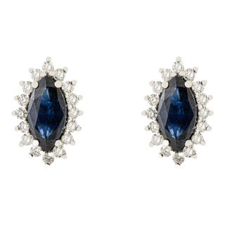 14k Gold Round Diamond & Marquise Cut Deep Sapphire Stud Earrings- 2 Pieces For Sale