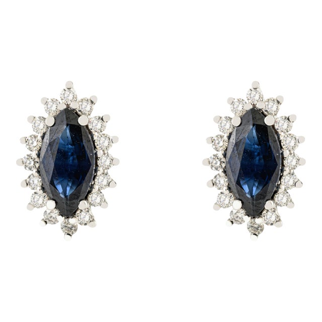 14k Gold Round Diamond & Marquise Cut Deep Sapphire Stud Earrings- 2 Pieces For Sale