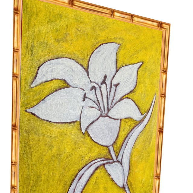 Original Framed Flower Painting, White Yellow Botanical Wall Art, Oil Sticks on Canvas in Bamboo Frame, 11x14 Minimalist Boho Home Decor For Sale - Image 4 of 5