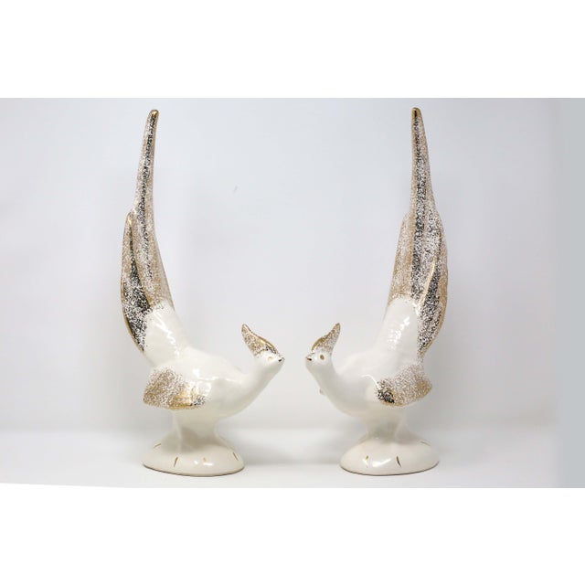 Ivory 1960's White and Gold 15-Inch Ceramic Pheasant Figurines - a Pair For Sale - Image 8 of 8