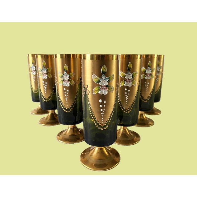 Italian 1950s Mid-Century, Blown Glass Cocktail Glasses, Salviati Murano Attributed, Green & Gold, Cylindrical Shape, Short Stem- Set of 11 For Sale - Image 3 of 17