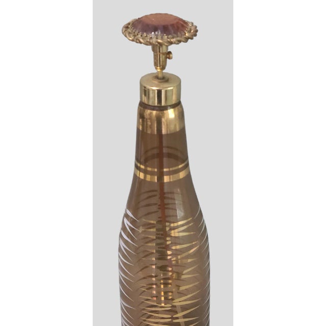 Art Deco Vintage Bohemian Amber Gilded Glass Jewel Top Pump Tall Perfume Bottle For Sale - Image 3 of 7