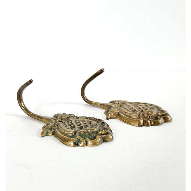 Vintage Brass Wall Hooks – Set of 2 Decorative Brass Coat Hooks For Sale - Image 4 of 6