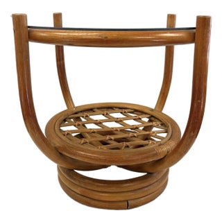 1970s Bent Rattan Round Side Table With Glass Top and Lattice Shelf For Sale