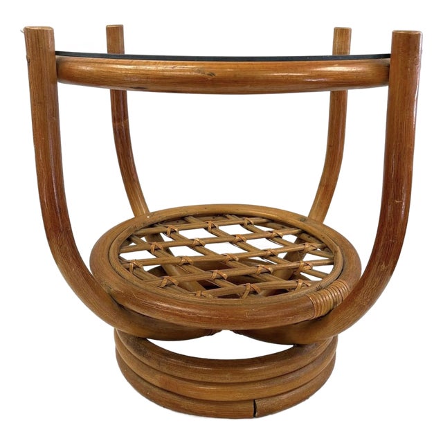 1970s Bent Rattan Round Side Table With Glass Top and Lattice Shelf For Sale