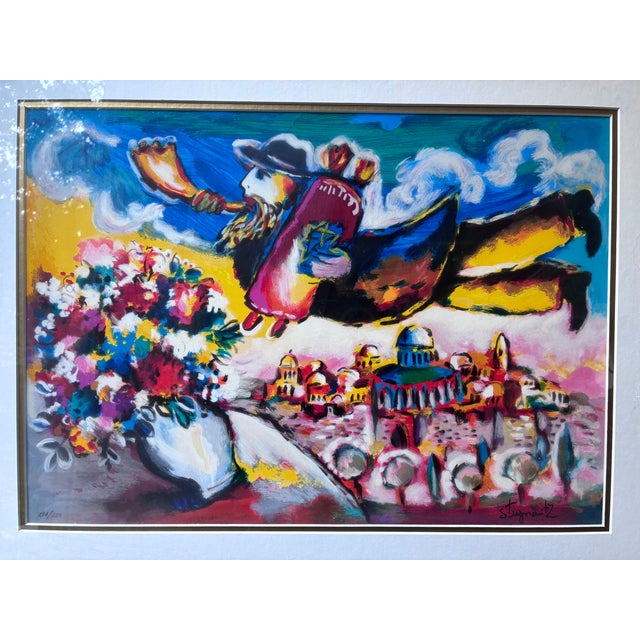 Vibrant and whimsical original color serigraph (silkscreen) on paper titled "Fly Over Jerusalem" by celebrated Polish-...