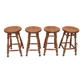 Vintage Rustic Farmhouse Solid Oak Tell City Backless Barstool With Paisley Print Seat Cushion For Sale
