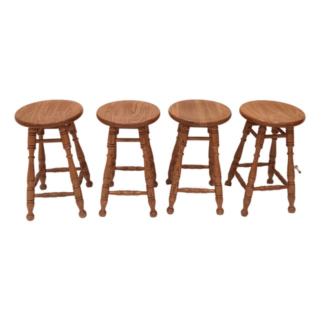 Vintage Rustic Farmhouse Solid Oak Tell City Backless Barstool With Paisley Print Seat Cushion For Sale
