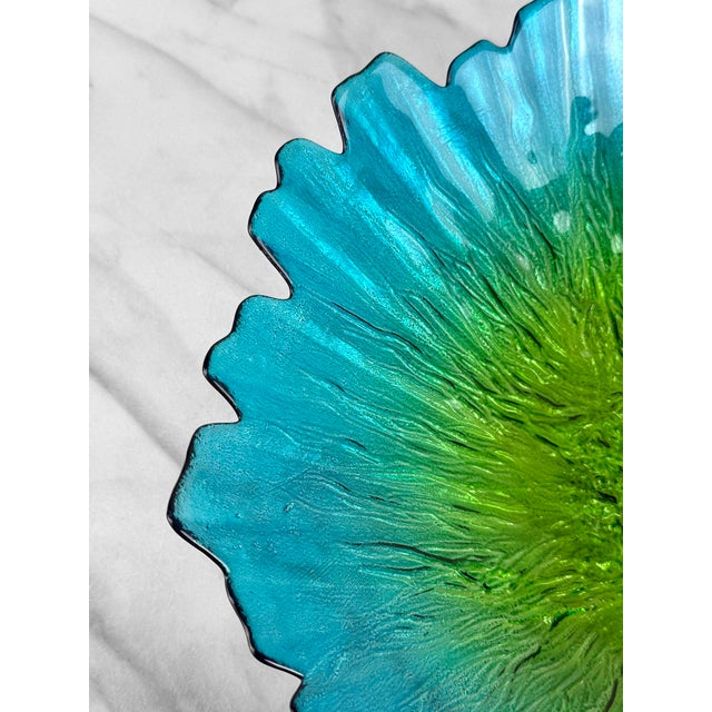 1970s Vintage 14" Blue & Green Spain Art Glass Centerpiece Bowl For Sale - Image 5 of 8