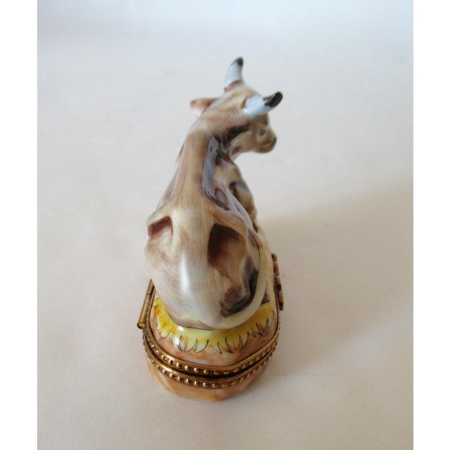 Yellow Limoges, France Rochard Hand-Painted Enamel "Longhorn Cow," Trinket Box For Sale - Image 8 of 15