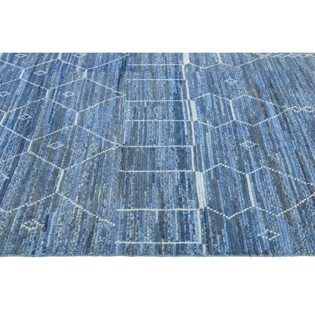 Modern Moroccan Indigo Blue Geometric Handmade Wool Rug 12x16 For Sale In New York - Image 6 of 10