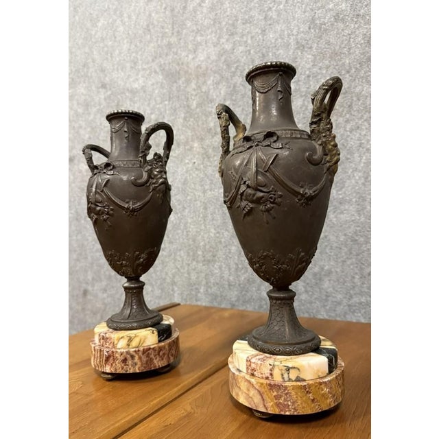 Napoleon III Vases or Cassolettes in Spelter and Siena Marble, Set of 2 For Sale - Image 3 of 6