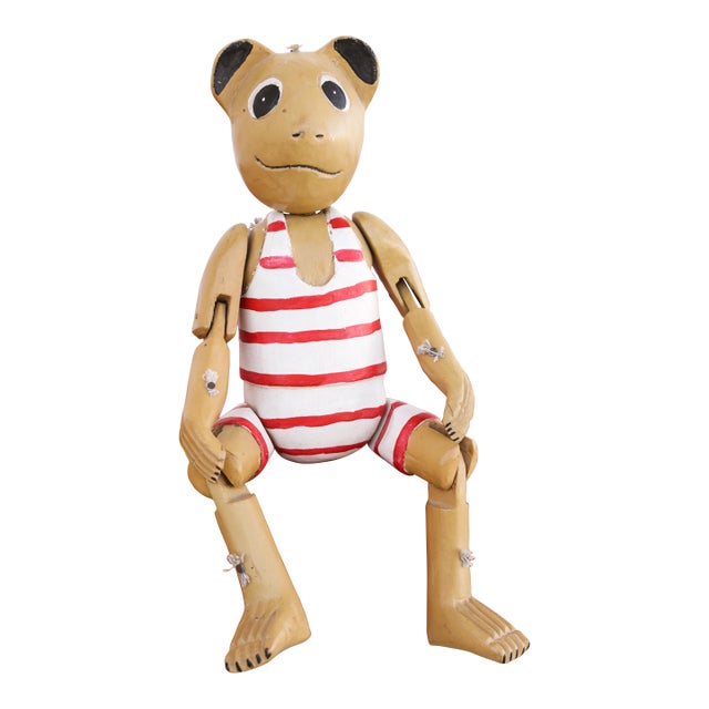 Vintage Wooden Teddy Bear Jointed Red & White Nursery Shelf Sitter Hand Carved Folk Art For Sale