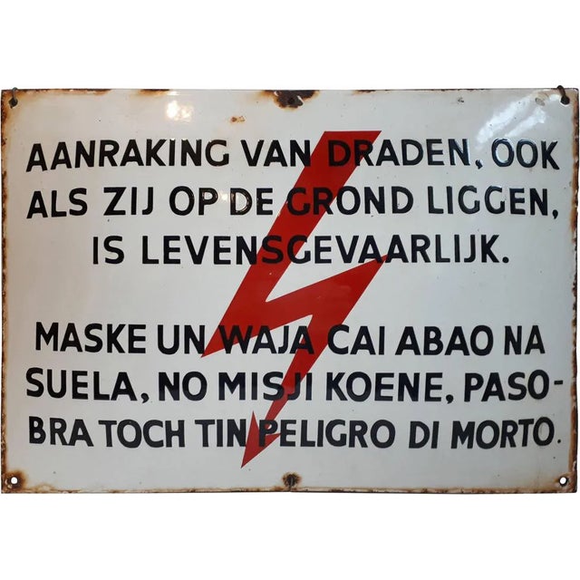 Enamel Warning Sign in English and Papiamento, 1960s For Sale