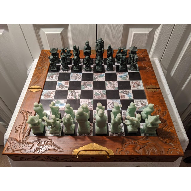 Vintage Chinese Wood Board Porcelain Tiles Chess Set W/Carved Soapstone