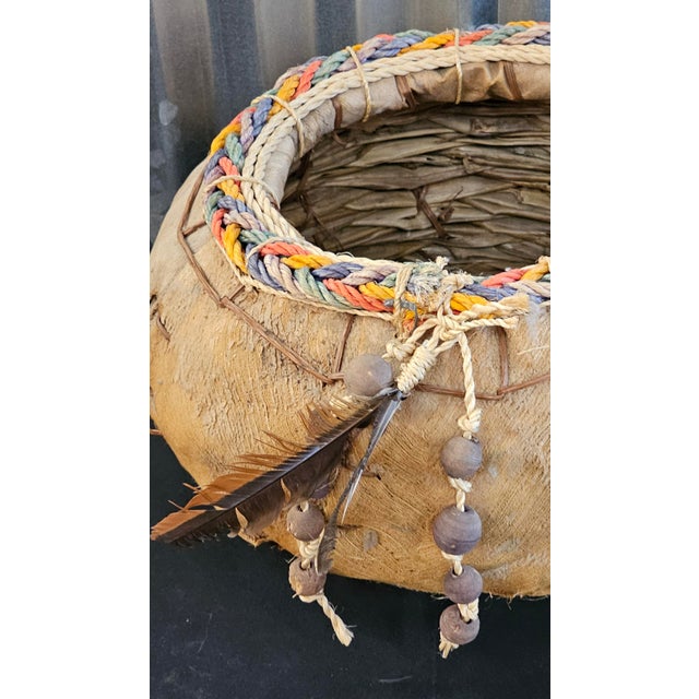 Brown Vintage Native American Style Handwoven Fiber Basket With Feather & Beaded Details For Sale - Image 8 of 14