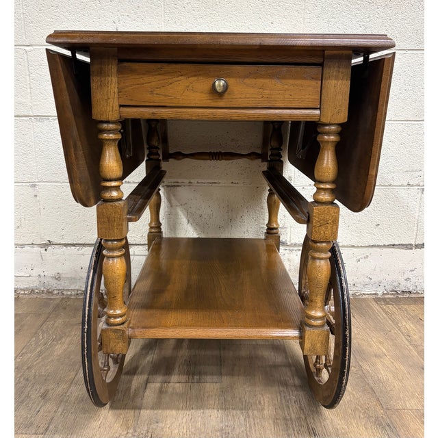 Traditional Vintage Oak Drop Leaf Bar Cart Tea Cart For Sale - Image 3 of 13