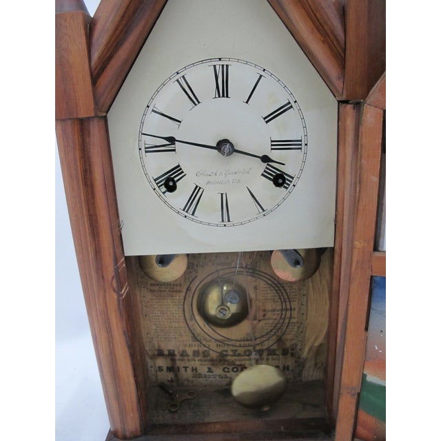Farmhouse Antique Smith & Goodrich 30 Hour Steeple Mantel Clock With Hand Painted Old State House For Sale - Image 3 of 14